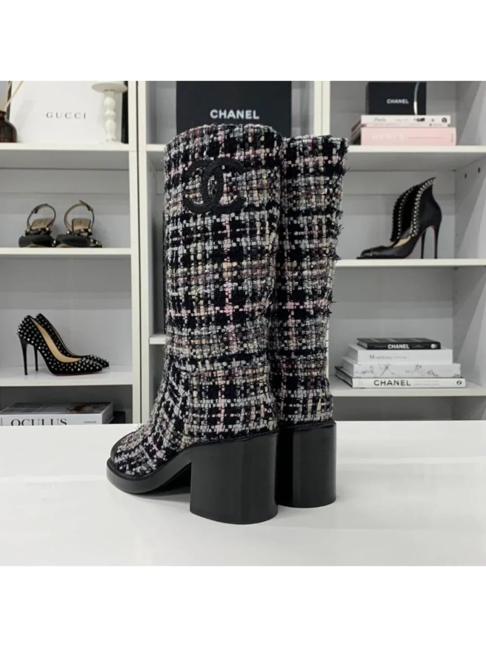 Chanel CC Logo Tweed Long Boots Black Multicolor